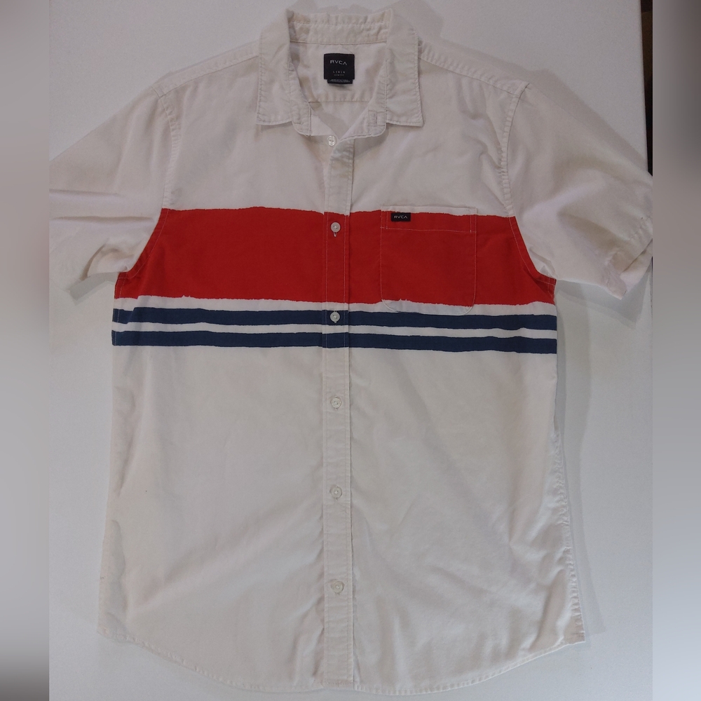 RVCA Mens Button Down Shirt Large White Red Blue Colorblock Stripe Beachy Casual